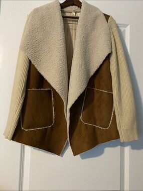 Moth Cream & Brown Faux Shearling Open-Front Jacket